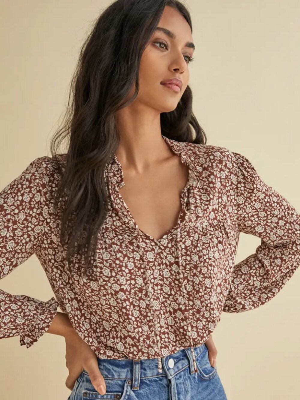 Reformation Amira Top Brown Floral Ruffle Blouse XS